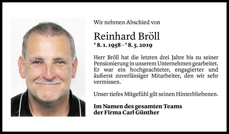  Todesanzeige für Reinhard Bröll vom 14.05.2019 aus Vorarlberger Nachrichten