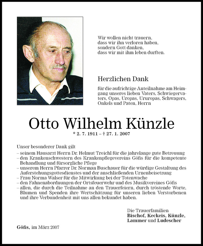 Todesanzeigen von Otto Wilhelm Künzle | Todesanzeigen Vorarlberger ...