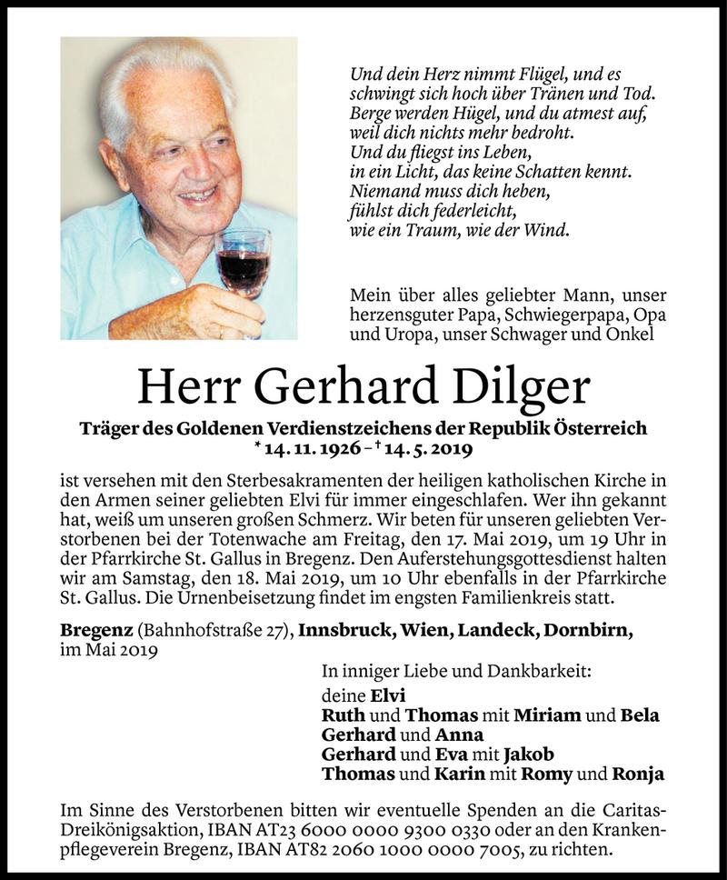  Todesanzeige für Gerhard Dilger vom 15.05.2019 aus Vorarlberger Nachrichten