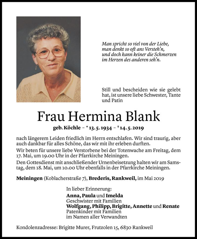  Todesanzeige für Hermina Blank vom 16.05.2019 aus Vorarlberger Nachrichten