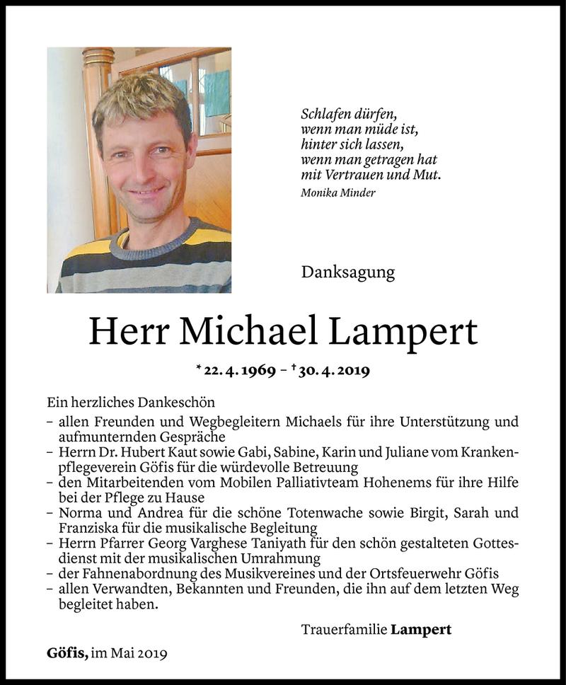  Todesanzeige für Michael Lampert vom 17.05.2019 aus Vorarlberger Nachrichten