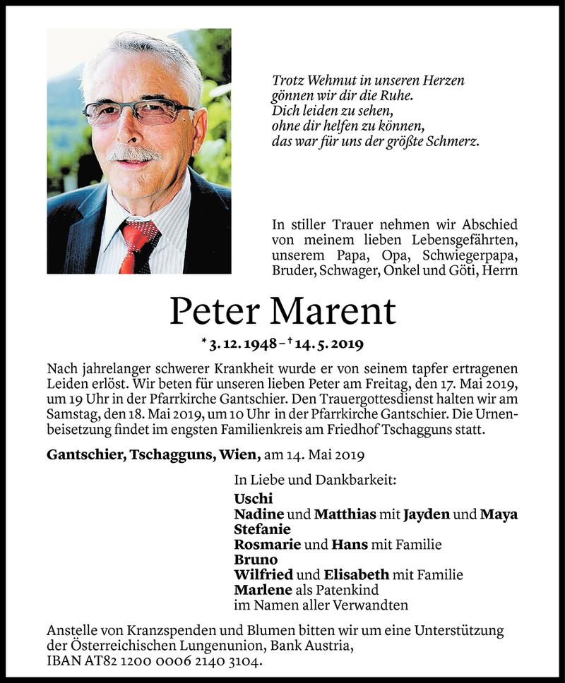  Todesanzeige für Peter Marent vom 15.05.2019 aus Vorarlberger Nachrichten