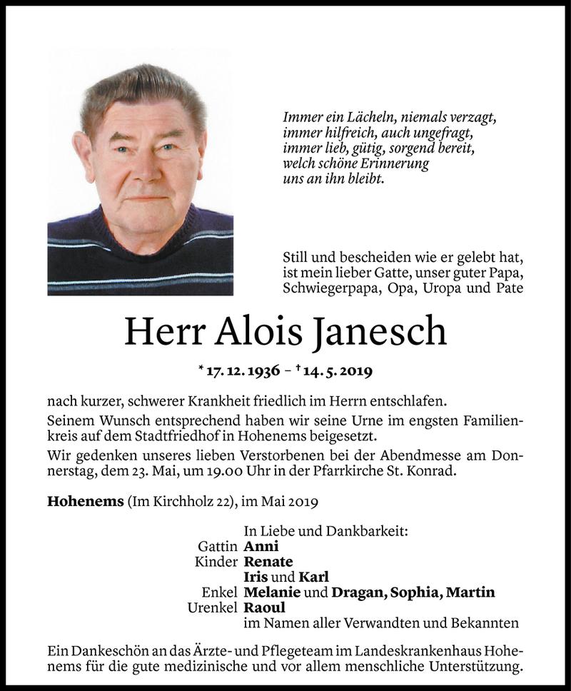  Todesanzeige für Alois Janesch vom 18.05.2019 aus Vorarlberger Nachrichten