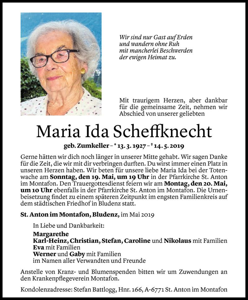  Todesanzeige für Maria Ida Scheffknecht vom 17.05.2019 aus Vorarlberger Nachrichten
