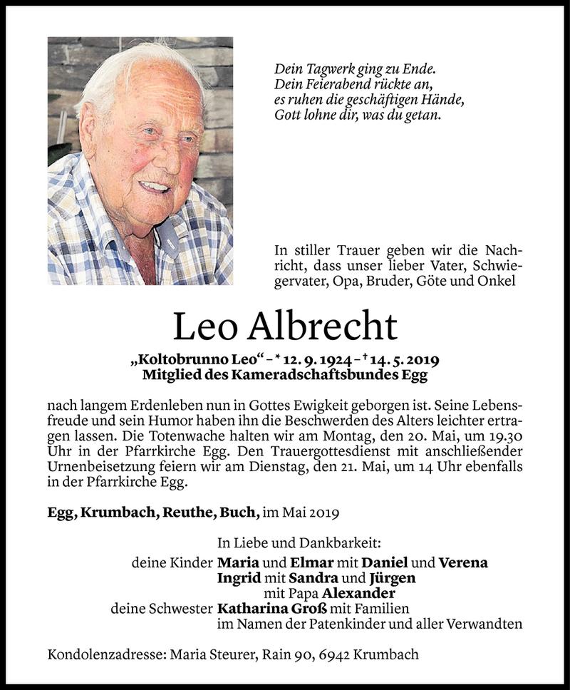  Todesanzeige für Leo Albrecht vom 17.05.2019 aus Vorarlberger Nachrichten