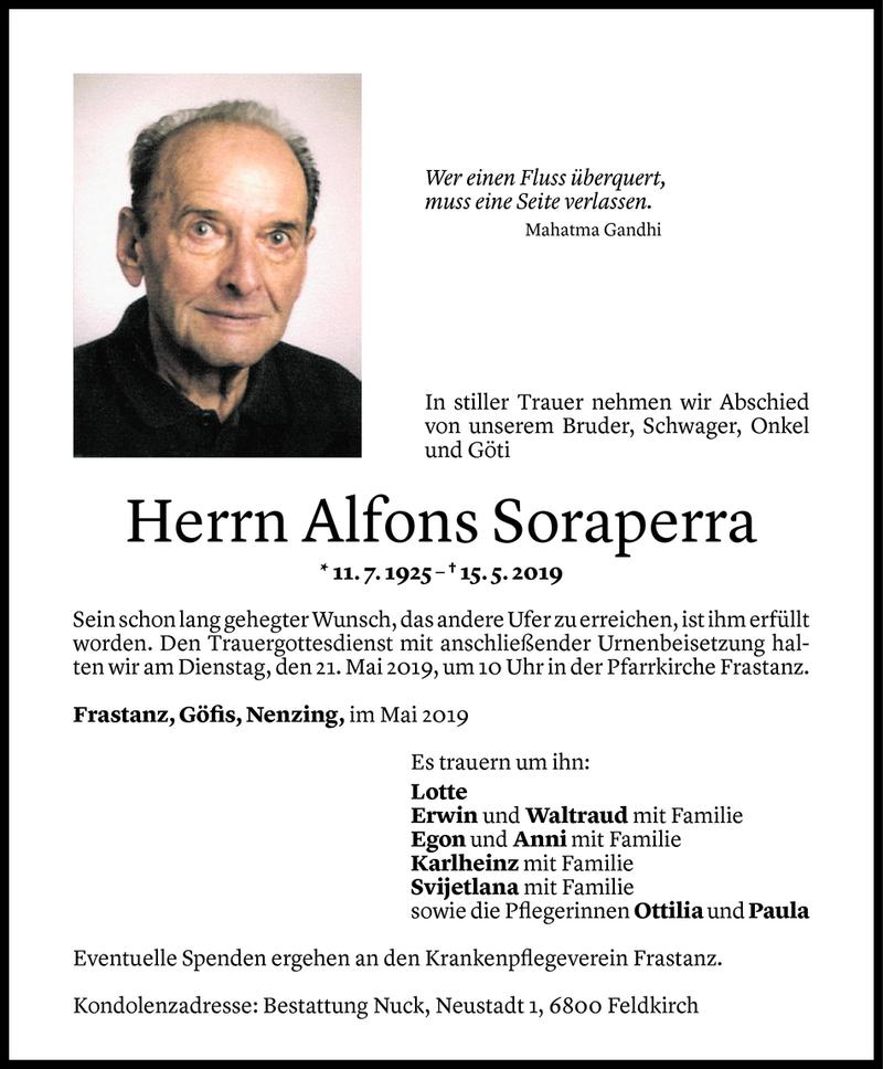  Todesanzeige für Alfons Soraperra vom 17.05.2019 aus Vorarlberger Nachrichten