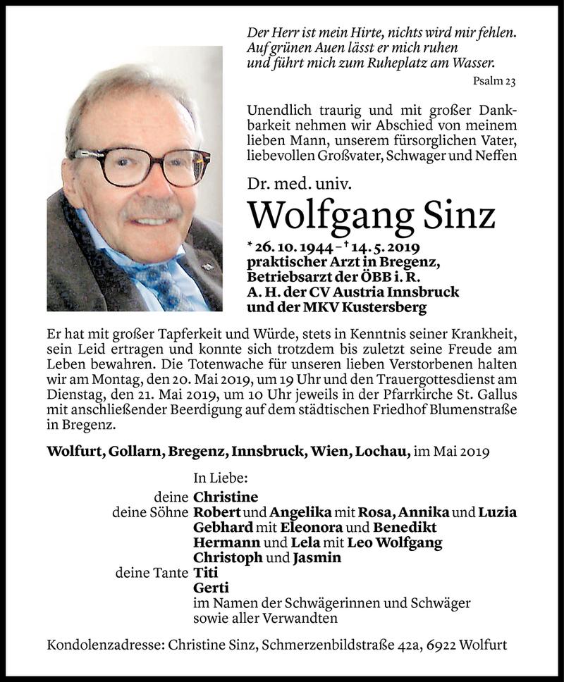  Todesanzeige für Wolfgang Sinz vom 17.05.2019 aus Vorarlberger Nachrichten