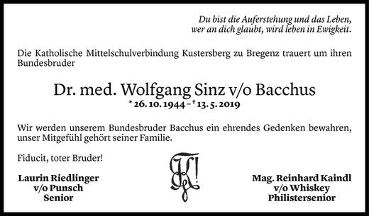 Todesanzeige von Wolfgang Sinz von Vorarlberger Nachrichten