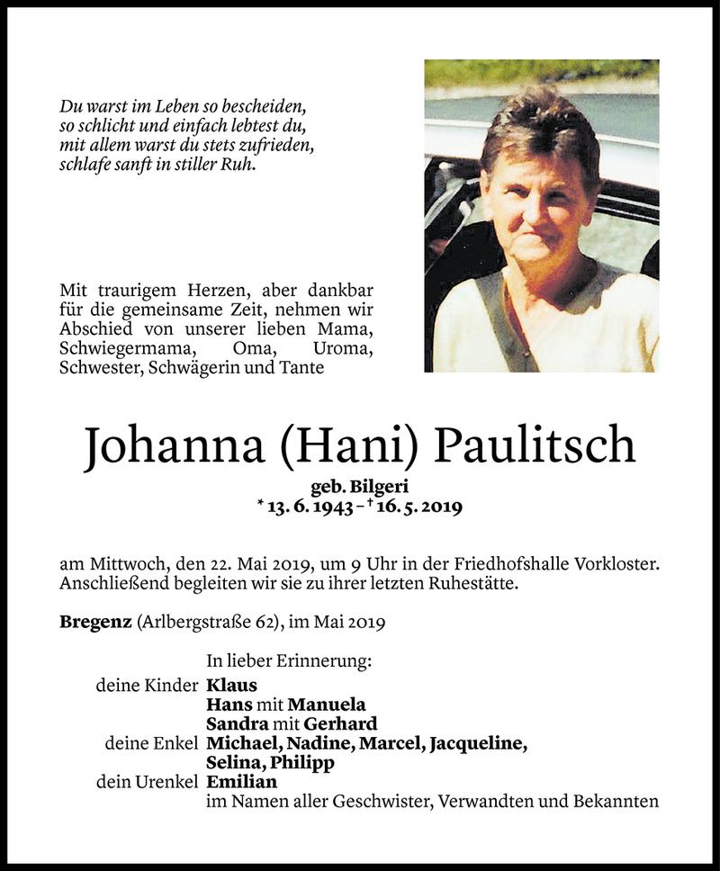  Todesanzeige für Johanna Paulitsch vom 19.05.2019 aus Vorarlberger Nachrichten