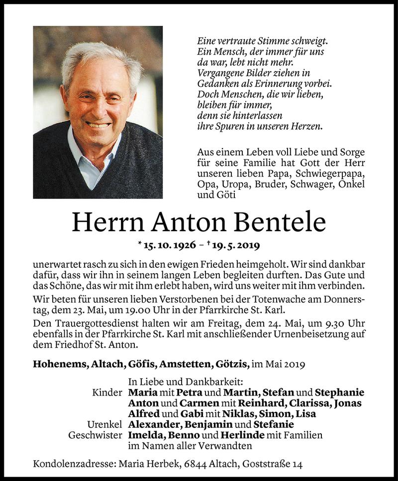  Todesanzeige für Anton Bentele vom 22.05.2019 aus Vorarlberger Nachrichten