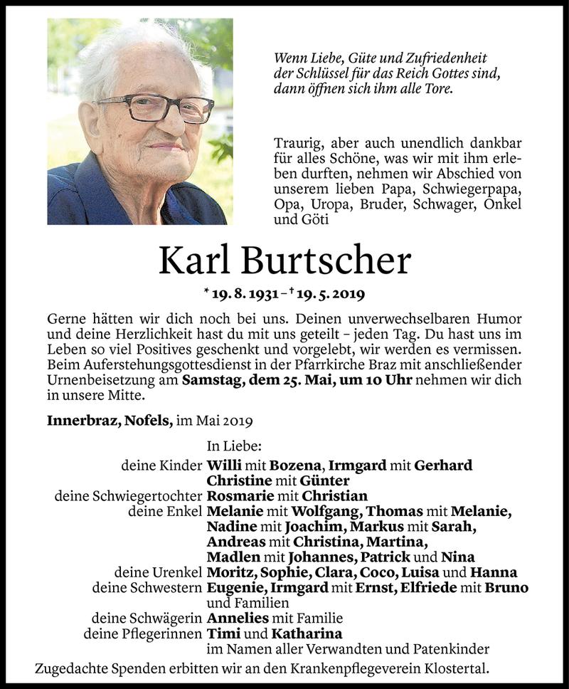  Todesanzeige für Karl Burtscher vom 22.05.2019 aus Vorarlberger Nachrichten