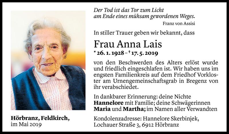  Todesanzeige für Anna Lais vom 13.06.2019 aus Vorarlberger Nachrichten