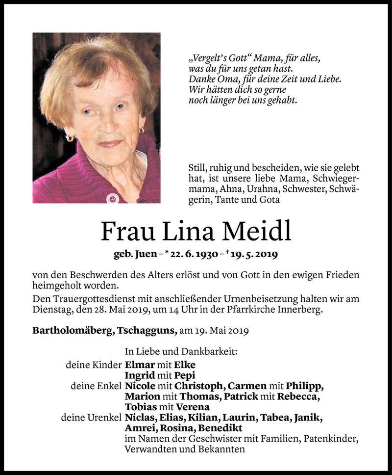  Todesanzeige für Lina Meidl vom 22.05.2019 aus Vorarlberger Nachrichten