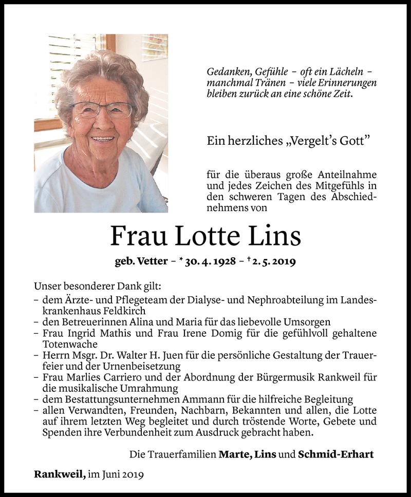 Todesanzeige für Lotte Lins vom 01.06.2019 aus Vorarlberger Nachrichten