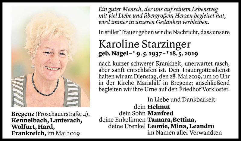  Todesanzeige für Karoline Starzinger vom 25.05.2019 aus Vorarlberger Nachrichten