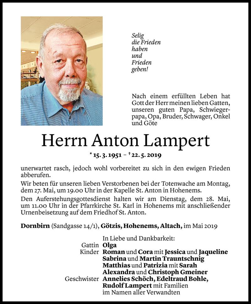  Todesanzeige für Anton Lampert vom 25.05.2019 aus Vorarlberger Nachrichten