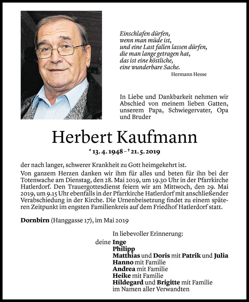  Todesanzeige für Herbert Kaufmann vom 24.05.2019 aus Vorarlberger Nachrichten