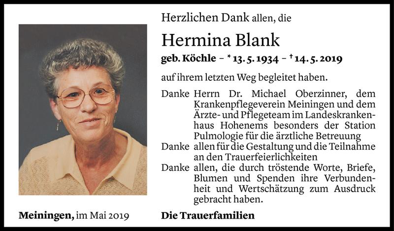  Todesanzeige für Hermina Blank vom 25.05.2019 aus Vorarlberger Nachrichten