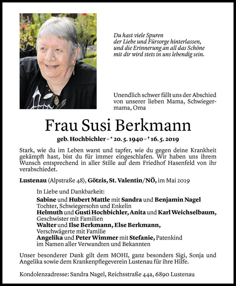  Todesanzeige für Susi Berkmann vom 24.05.2019 aus Vorarlberger Nachrichten