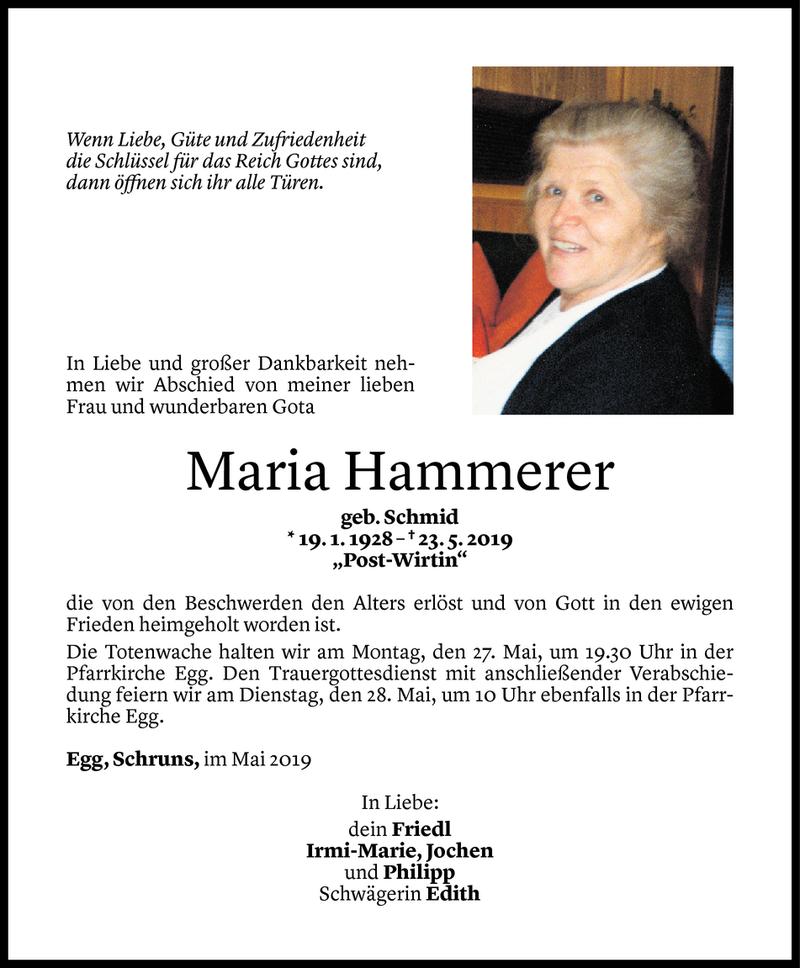  Todesanzeige für Maria Hammerer vom 24.05.2019 aus Vorarlberger Nachrichten