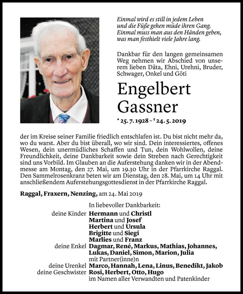  Todesanzeige für Engelbert Gassner vom 26.05.2019 aus Vorarlberger Nachrichten
