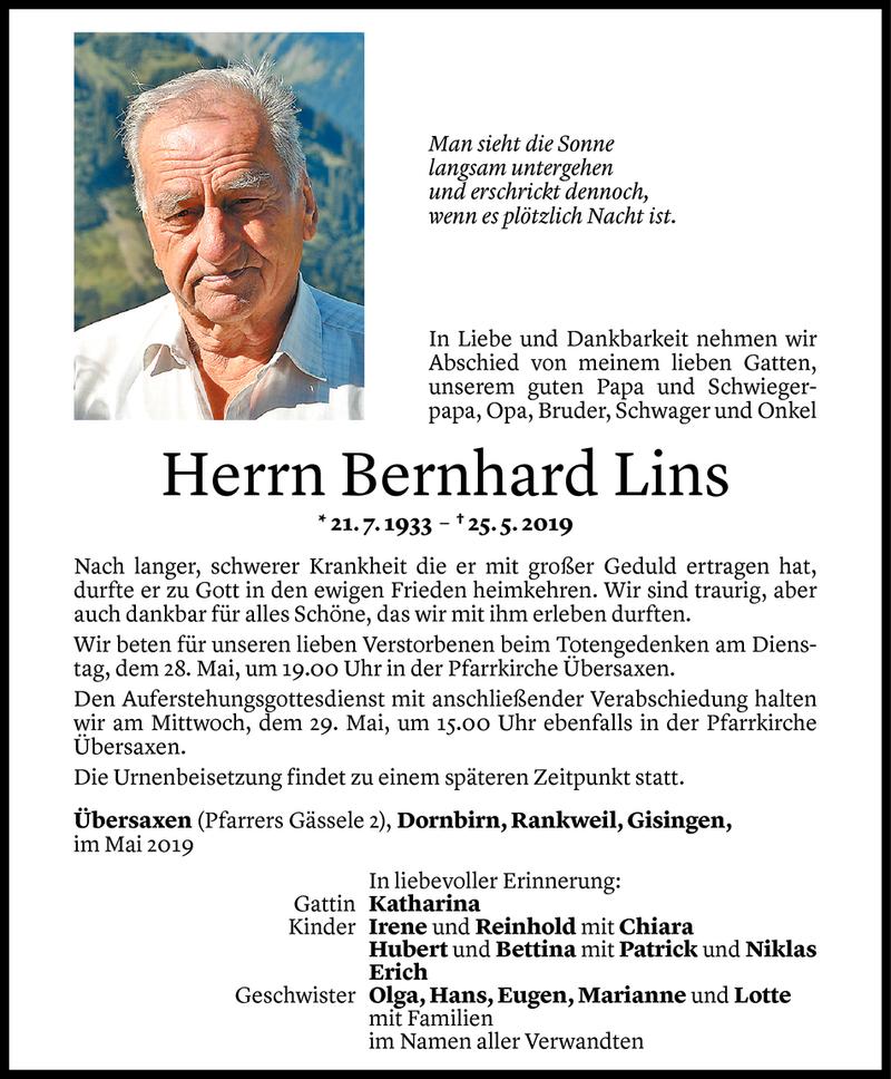  Todesanzeige für Bernhard Lins vom 27.05.2019 aus Vorarlberger Nachrichten