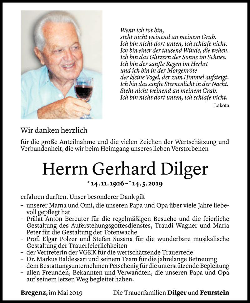  Todesanzeige für Gerhard Dilger vom 31.05.2019 aus Vorarlberger Nachrichten