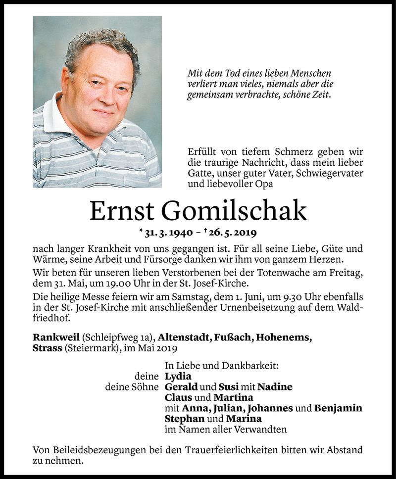  Todesanzeige für Ernst Gomilschak vom 29.05.2019 aus Vorarlberger Nachrichten