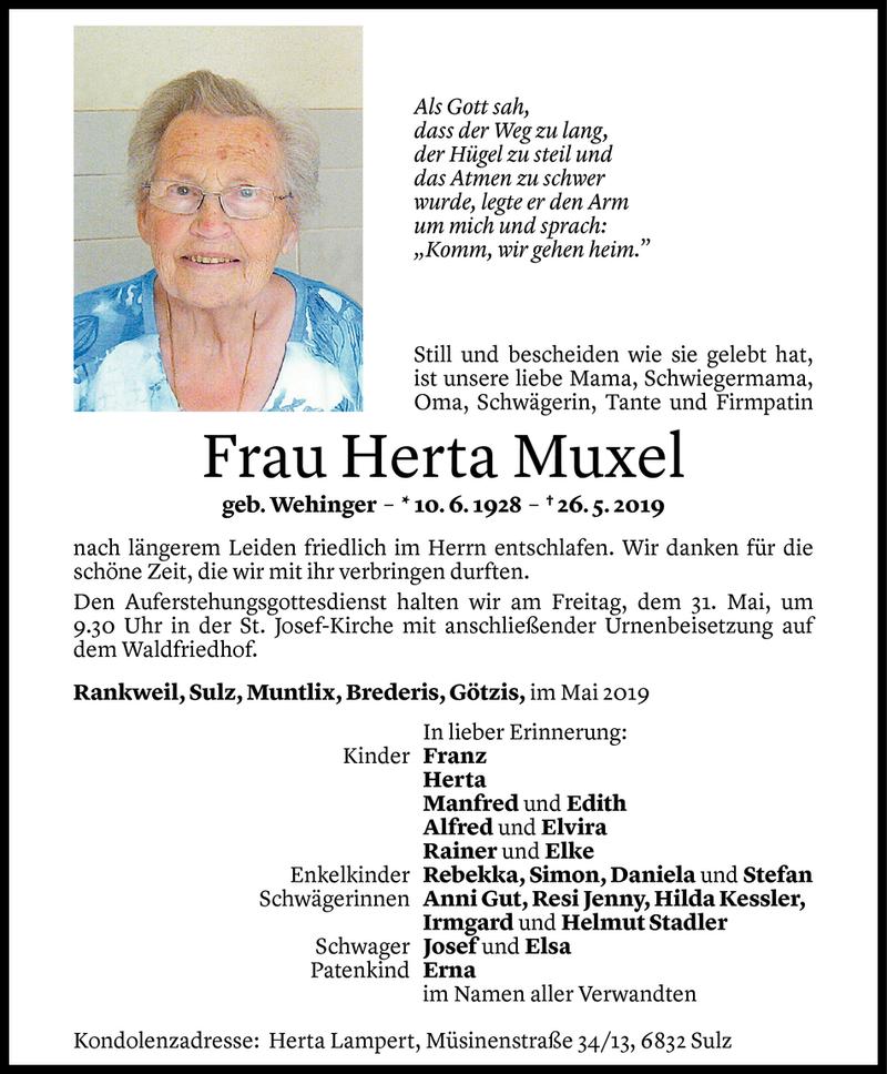  Todesanzeige für Herta Muxel vom 29.05.2019 aus Vorarlberger Nachrichten