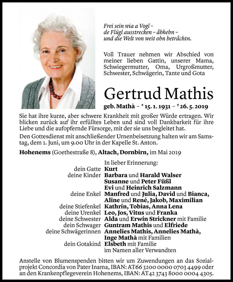  Todesanzeige für Gertrud Mathis vom 29.05.2019 aus Vorarlberger Nachrichten