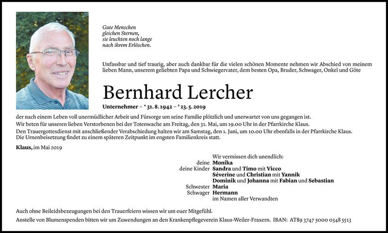  Todesanzeige für Bernhard Lercher vom 28.05.2019 aus Vorarlberger Nachrichten