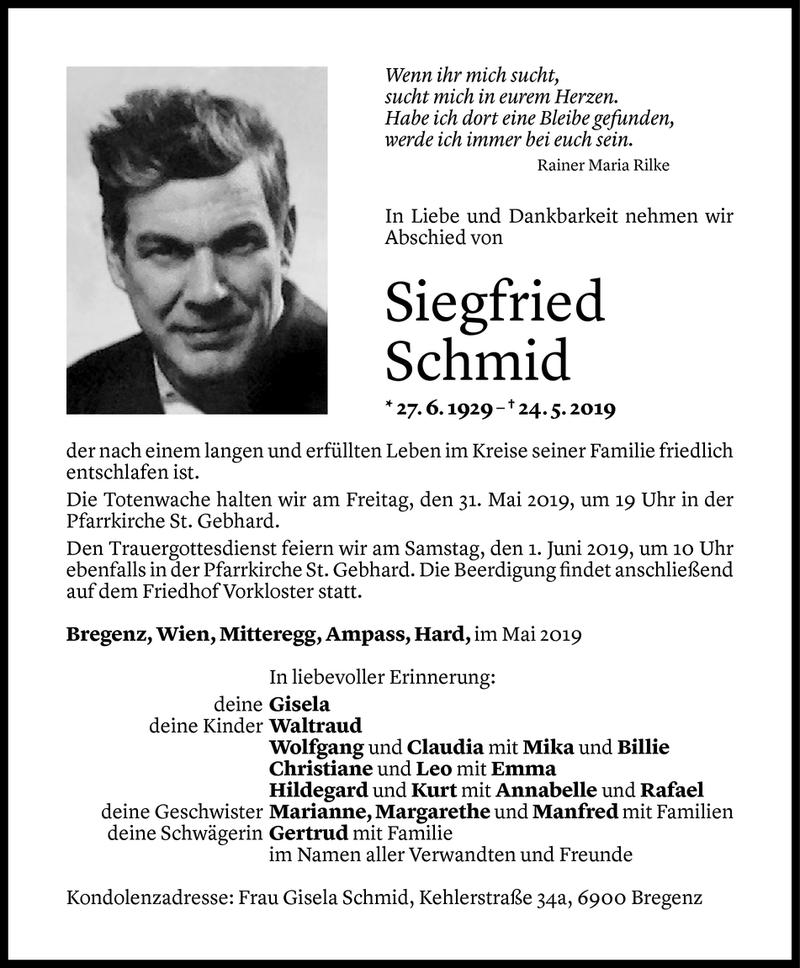  Todesanzeige für Siegfried Schmid vom 28.05.2019 aus Vorarlberger Nachrichten
