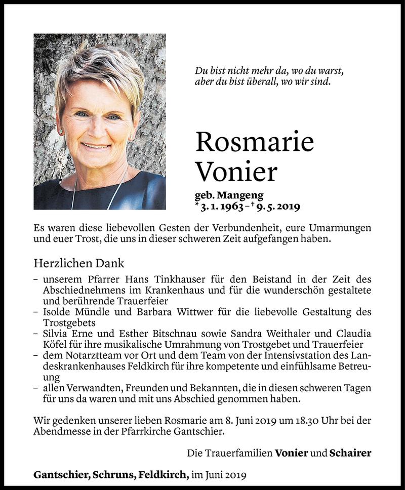  Todesanzeige für Rosmarie Vonier vom 31.05.2019 aus Vorarlberger Nachrichten