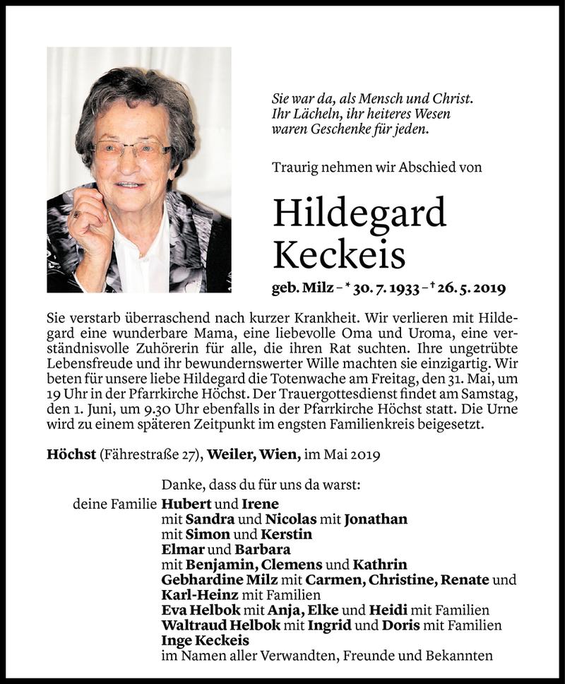  Todesanzeige für Hildegard Keckeis vom 28.05.2019 aus Vorarlberger Nachrichten