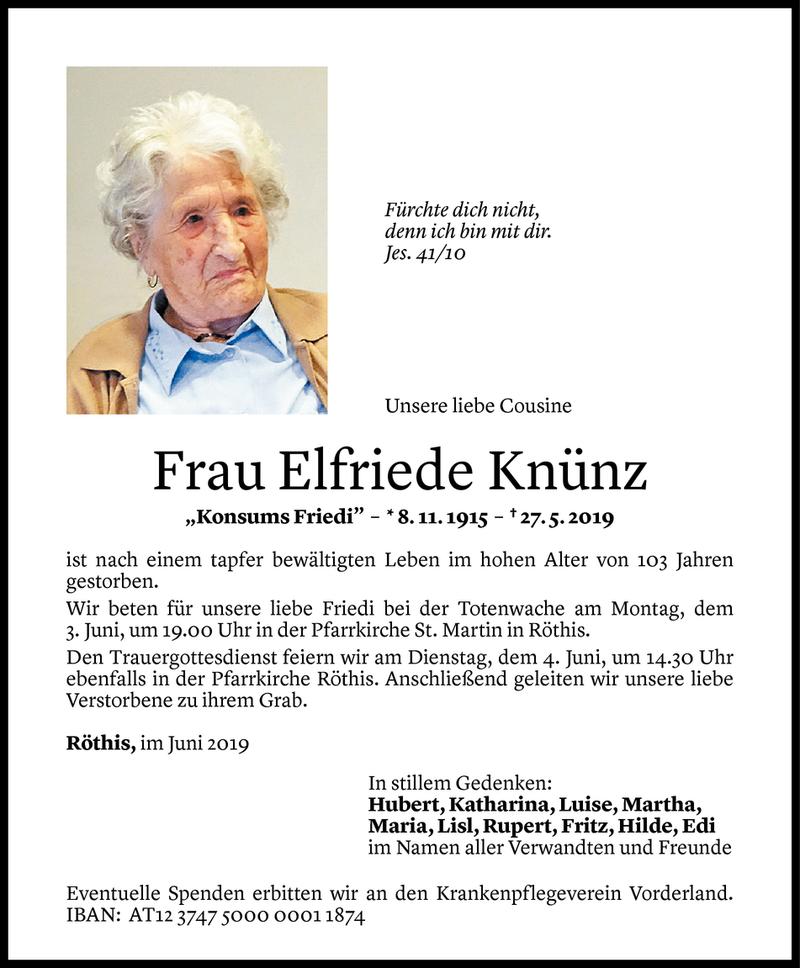  Todesanzeige für Elfriede Knünz vom 01.06.2019 aus Vorarlberger Nachrichten