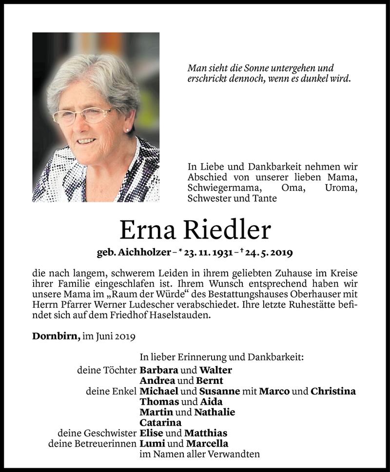  Todesanzeige für Erna Riedler vom 01.06.2019 aus Vorarlberger Nachrichten