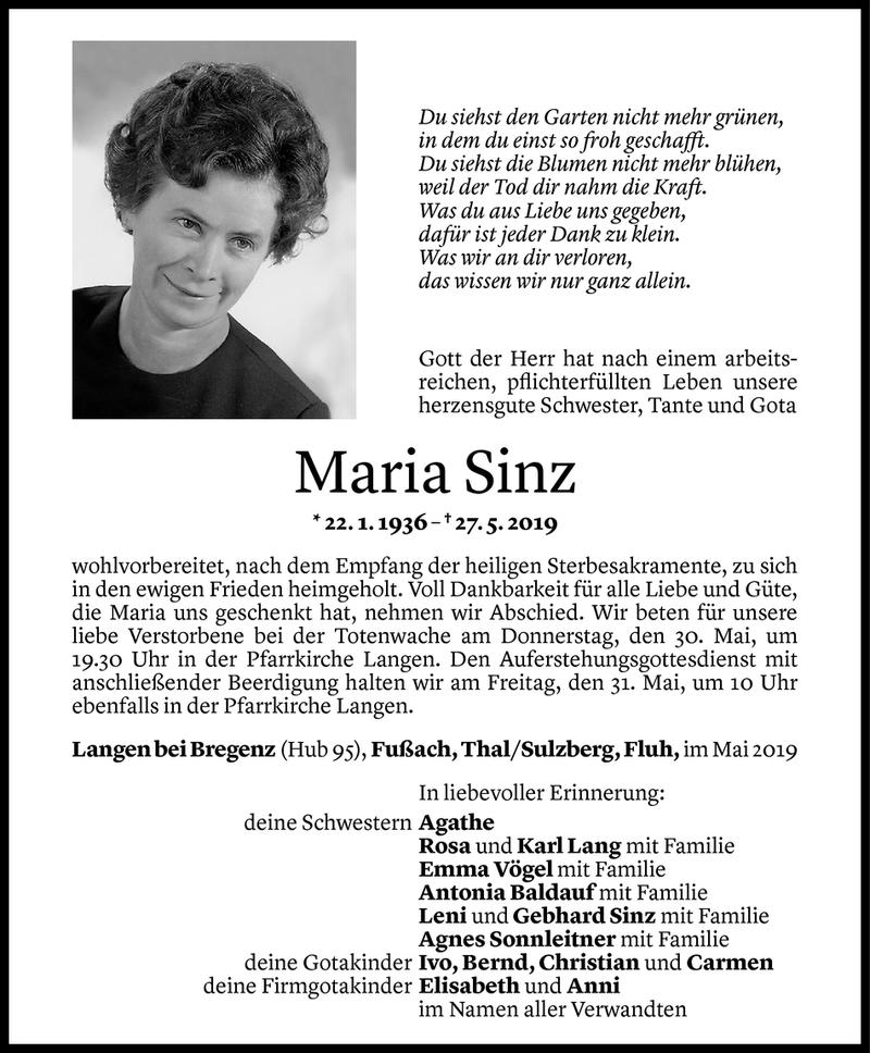  Todesanzeige für Maria Sinz vom 28.05.2019 aus Vorarlberger Nachrichten