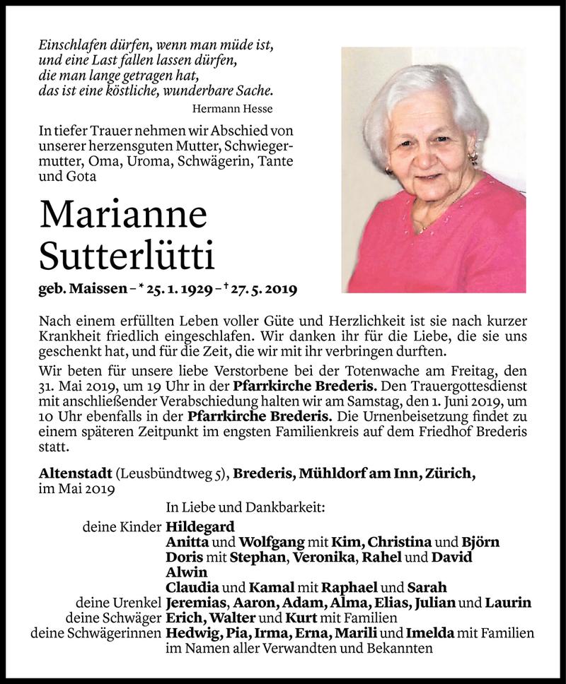  Todesanzeige für Marianne Sutterlütti vom 29.05.2019 aus Vorarlberger Nachrichten