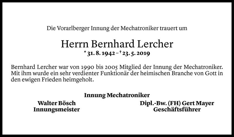  Todesanzeige für Bernhard Lercher vom 29.05.2019 aus Vorarlberger Nachrichten