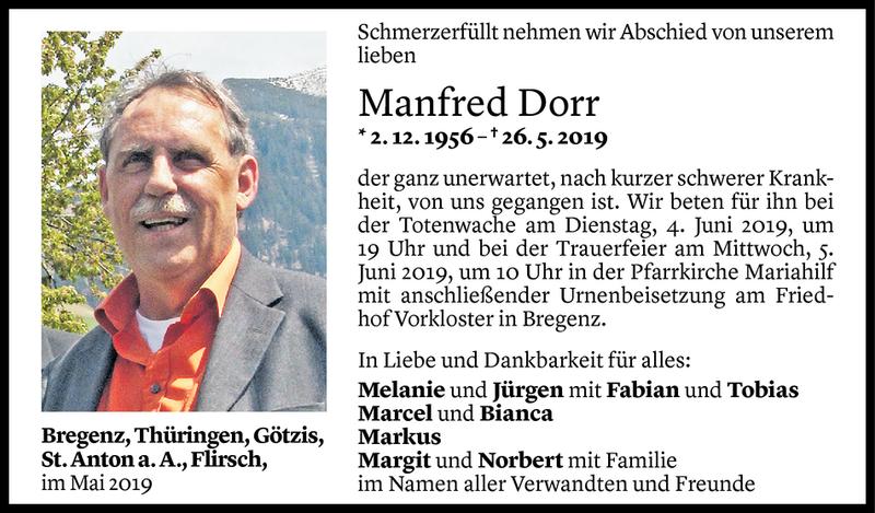  Todesanzeige für Manfred Dorr vom 31.05.2019 aus Vorarlberger Nachrichten