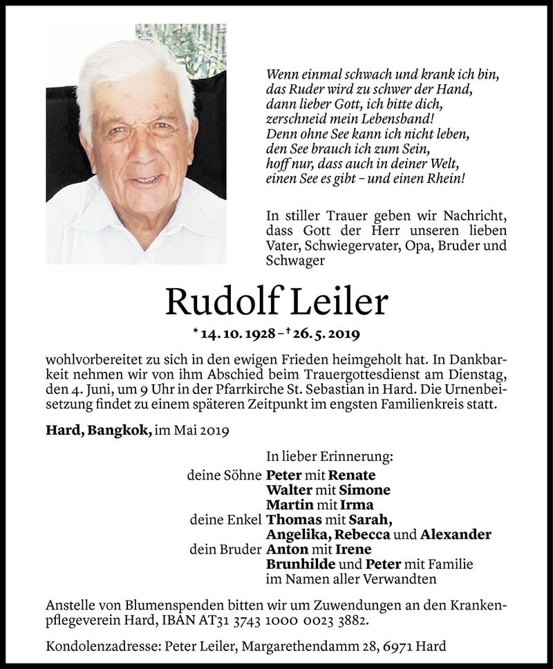  Todesanzeige für Rudolf Leiler vom 31.05.2019 aus Vorarlberger Nachrichten