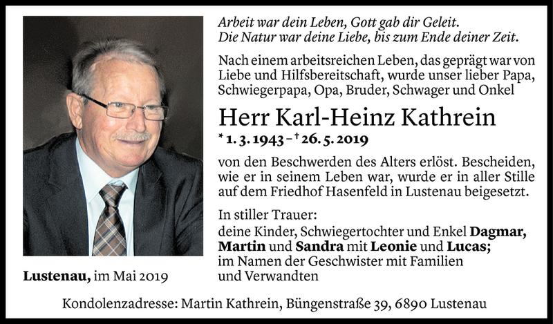 Todesanzeige für Karl-Heinz Kathrein vom 30.05.2019 aus Vorarlberger Nachrichten
