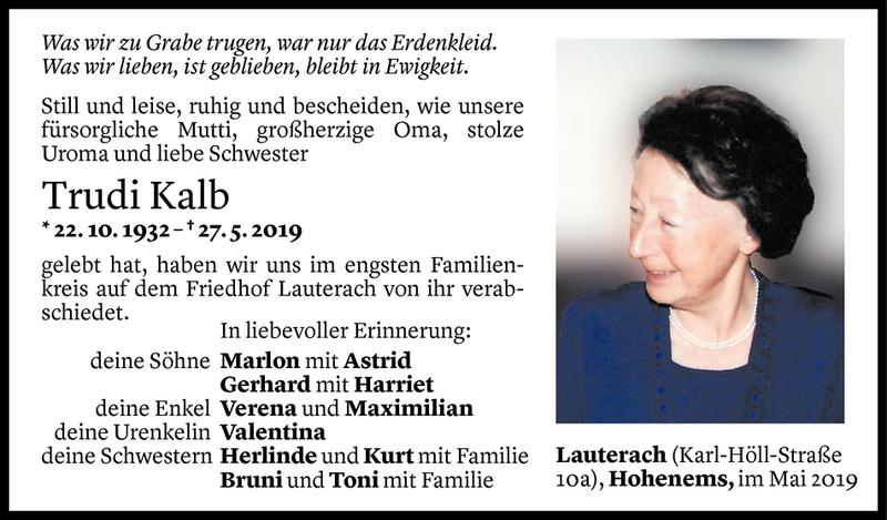  Todesanzeige für Trudi Kalb vom 04.06.2019 aus Vorarlberger Nachrichten