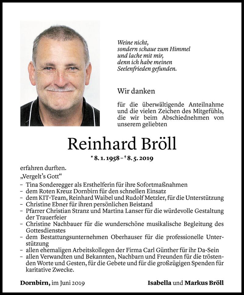 Todesanzeige für Reinhard Bröll vom 31.05.2019 aus Vorarlberger Nachrichten
