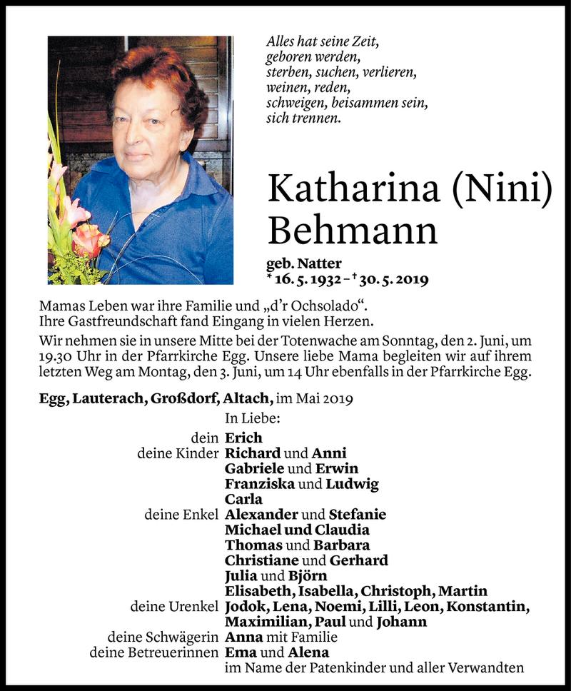  Todesanzeige für Katharina Behmann vom 31.05.2019 aus Vorarlberger Nachrichten