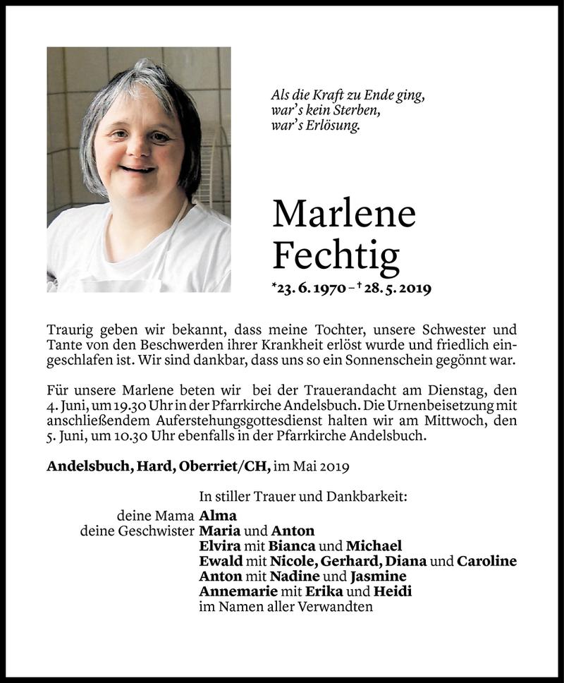  Todesanzeige für Marlene Fechtig vom 02.06.2019 aus Vorarlberger Nachrichten