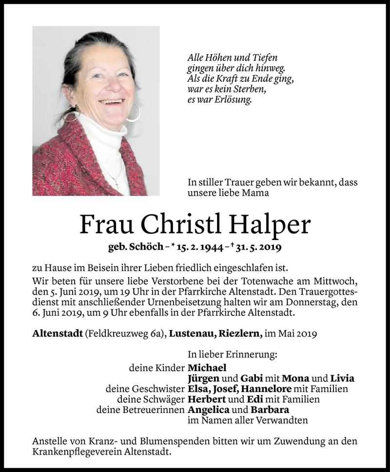  Todesanzeige für Christl Halper vom 02.06.2019 aus Vorarlberger Nachrichten