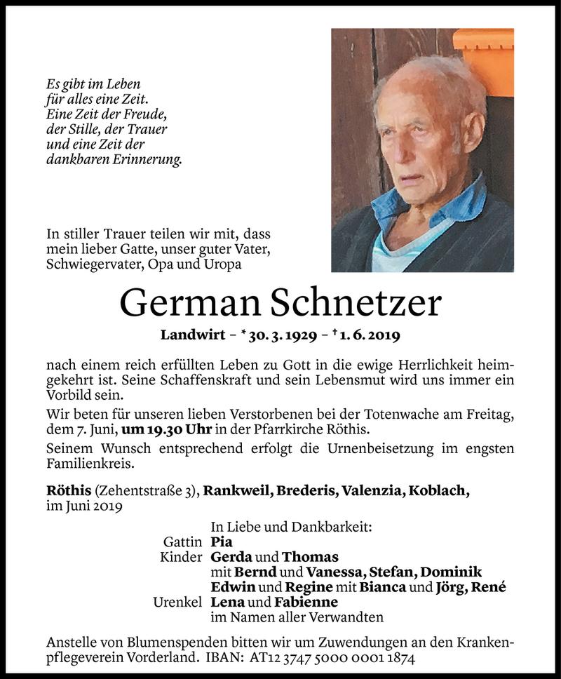  Todesanzeige für German Schnetzer vom 05.06.2019 aus Vorarlberger Nachrichten