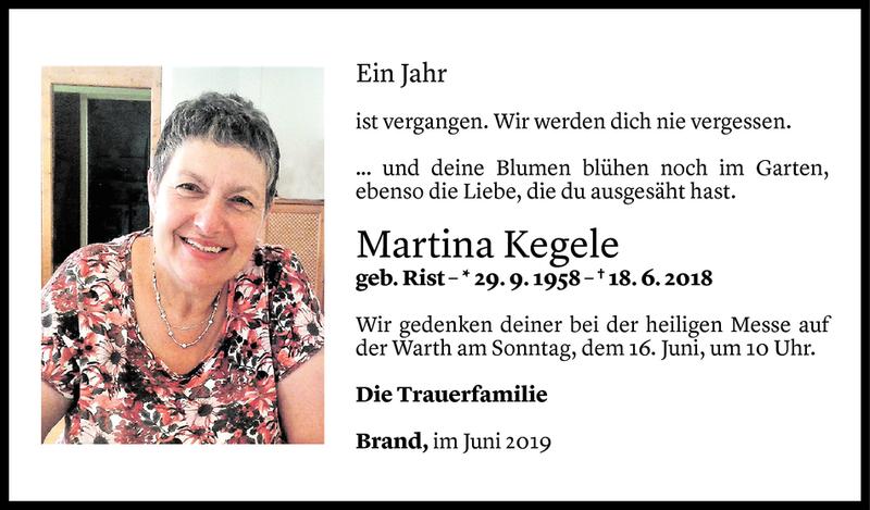  Todesanzeige für Martina Kegele vom 12.06.2019 aus Vorarlberger Nachrichten