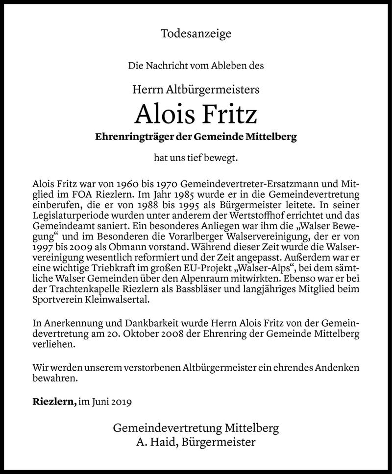  Todesanzeige für Alois Fritz vom 05.06.2019 aus Vorarlberger Nachrichten